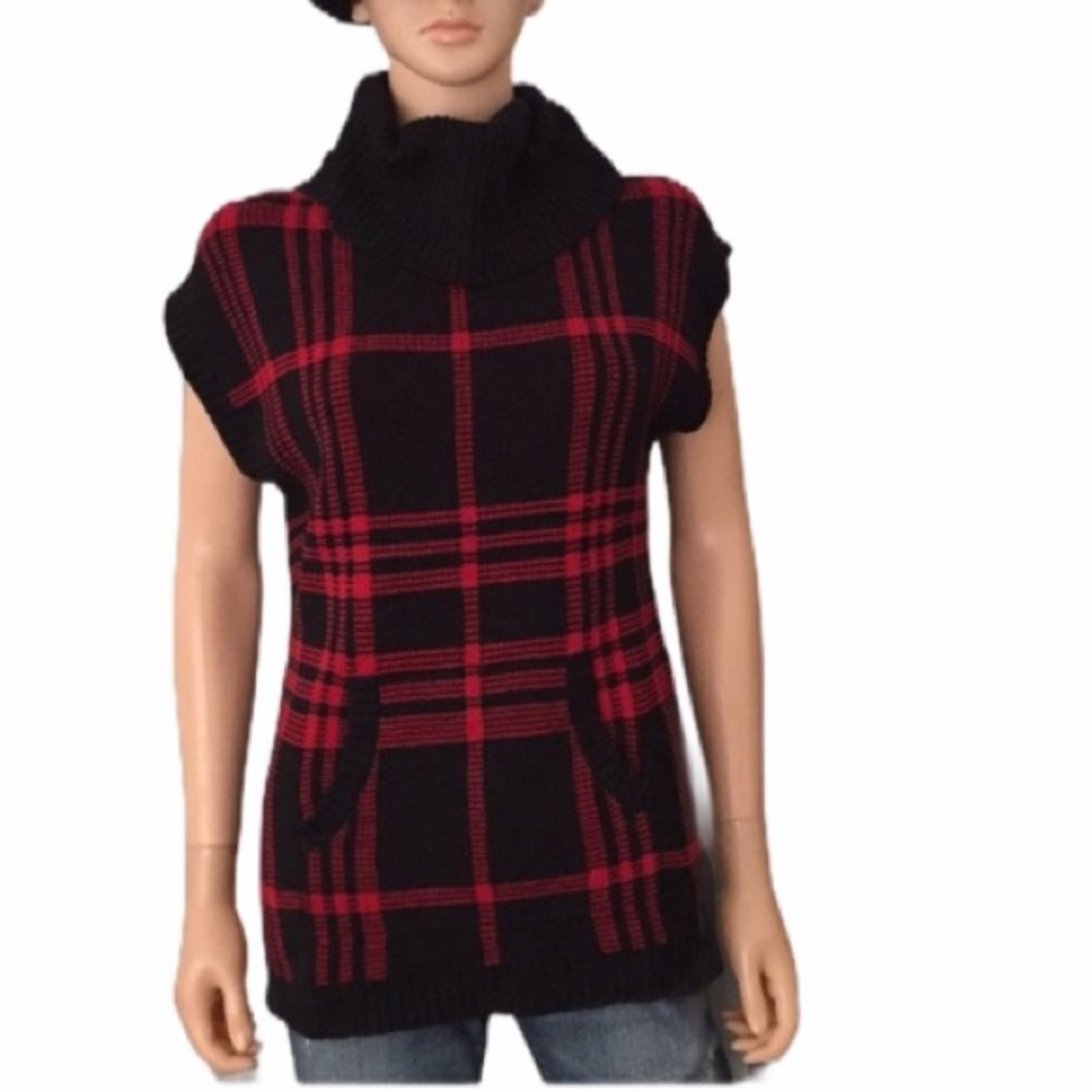 Ralph Lauren Chaps Black Red Plaid Turtleneck Sweater|Sleeveless Knit